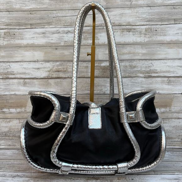 Ripani Y2K Purse Satchel Black Silver Metallic Leather Glam Reptile Avant Garde - Picture 3 of 17